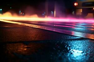 abstrato interação do néon luzes, holofote, e esfumaçado Trevas em molhado asfalto. ai gerado foto