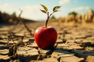 deserto cena maçã em rachado terra significa Comida insegurança, água falta, agrícola crise ai gerado foto