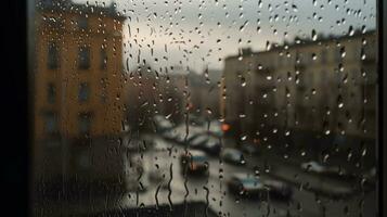 pingos de chuva sobre a janela com edifícios do a cidade dentro a fundo ai gerado foto