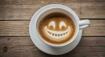 copo do café com uma espuma dentro a forma do uma sorridente face, Boa manhã símbolo. foto
