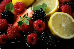 colorida fruta misturar, Incluindo bagas, citrino, maçãs, emparelhado com saudável liquidificado sucos ai gerado foto