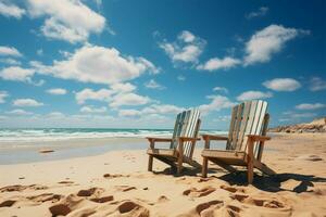 de praia cadeiras em a branco areia de praia com nublado azul céu e Sol ai gerado foto