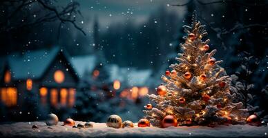 Novo ano feriado conceito. ampla Natal árvore decorado com bolas e festão - ai gerado imagem foto