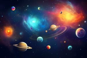 uma poster para a universo com planetas e estrelas. astronômico galáxia espaço foto