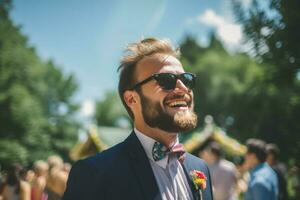 alegre noivo Casamento ensolarado dia. gerar ai foto