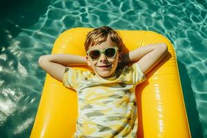 Garoto em repouso piscina oculos escuros. gerar ai foto