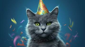 gato-tástico celebração, aniversário gatinha em azul ai gerado foto