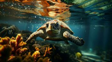 mar tartaruga fechar acima sobre coral recife dentro sabá. conservação e marinho vida conceito. natureza às Está melhor foto