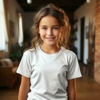 Visão do masculino pólo branco camiseta modelo em uma de madeira fundo foto