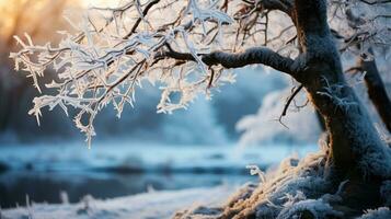 inverno panorama exibindo incrustado de gelo árvore galhos brilhante debaixo a rígido gelado luz solar foto
