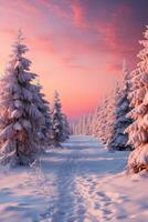 gelado pinho floresta debaixo uma inverno pôr do sol isolado em uma Rosa gradiente fundo foto
