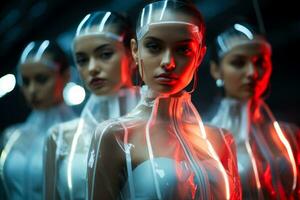 etéreo modelos vestido dentro iluminado por led vestuário incorporando uma futurista minimalista estilo contra brilhando fundos foto