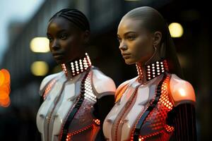 vanguardista ciborgues exibindo com led embutido roupas contra radiante futurista cenários foto