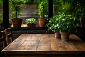 cafeteria mesa com verde folhas com uma Lugar, colocar para texto foto