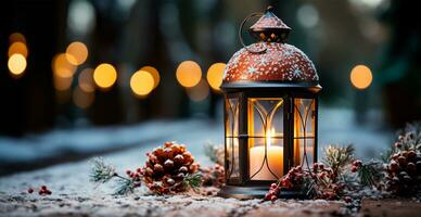 Natal luminária com queimando vela em pé em fresco neve, borrado bokeh fundo - ai gerado imagem foto