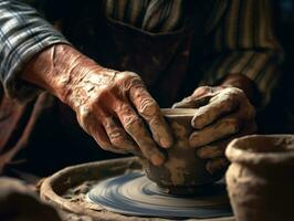 uma especializado artesão é meticulosamente moldagem argila em uma cerâmica roda com excepcional perícia. foto