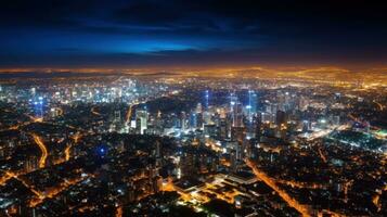 dentro a distância, lá é uma futurista noite cidade este brilha com néon luzes e características surrealista arranha-céus. isto é uma cyberpunk, imersivo mundo do a metaverso. foto