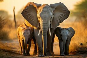 a adorável bebê elefante é cercado de Está amoroso família exibindo a Forte vinculo elas compartilhar dentro a grande africano savana foto