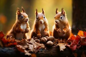 uma família do esquilos diligentemente coleta nozes dentro uma exuberante floresta preparando para a frio inverno adiante foto