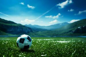 exuberante verde campo abraços uma solitário, esférico Esportes bola ai gerado foto