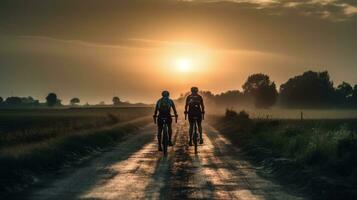 a poder do resistência, ciclistas em uma pôr do sol estrada - costas Visão ai gerado foto