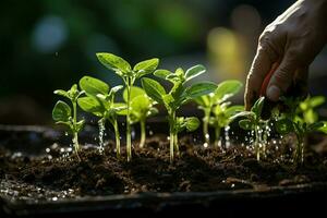 mão derramando Preto solo em verde bokeh fundo plantio uma pequeno plantar em uma pilha do solo ou derramando solo durante velório jardinagem pano de fundo para publicidade ai gerado foto