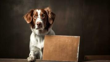 Castanho e branco cachorro segurando em branco placa dentro rústico estúdio. ai gerado foto