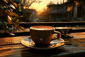 copo detém amanhecer aroma, janela pano de fundo, mesa sombra alongar café despertar ai gerado foto