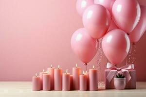 aniversário bênção, Rosa pano de fundo adornado com 3d pastel balões, oferta cópia de espaço ai gerado foto