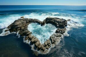 onda beijou amor coração forma em arenoso praia, emoldurado de rolando oceano ondas ai gerado foto