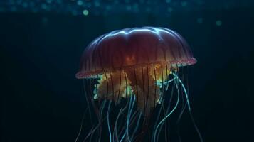 sereno medusa flutuando dentro vagamente aceso tanque ai gerado foto