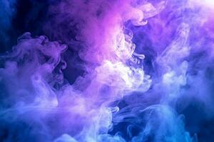 uma hipnotizante espetáculo do roxa e azul holofotes no meio rodopiando fumaça. ai gerado foto