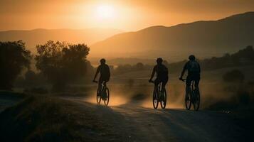 tirar o fôlego Visualizações, costas Visão do ciclistas em uma pôr do sol estrada ai gerado foto