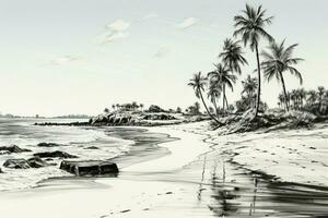 beira-mar esboço Palma árvore imagem traçado em arenoso costa, uma natural de praia expressão ai gerado foto