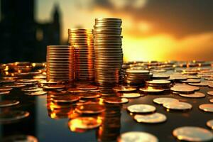 moeda pilhas torre gostar arranha-céus, refletindo nascer do sol em financeiro prosperidade ai gerado foto