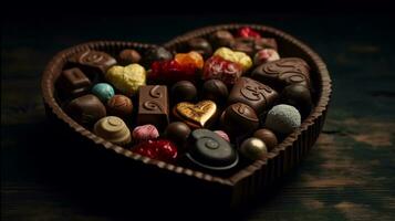 delicioso chocolate devoção, saboroso doces arranjado dentro uma em forma de coração caixa. ai gerado foto