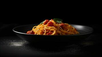 italiano Comida. espaguete massa dentro Preto prato em Sombrio fundo ai gerado foto