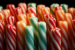 uma fechar-se tiro do colorida doce bengalas arranjado dentro uma baixo alívio padronizar contra uma pano de fundo do hortelã-pimenta listrado fundos foto