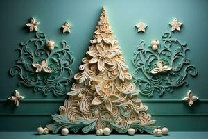uma fechar-se do uma belas decorado Natal árvore baixo alívio contra uma hortelã verde pano de fundo exalando festivo animar foto