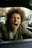 uma furioso homem grita a partir de dele carro enquanto uma mulher reage com de olhos arregalados frustração dentro uma tráfego geléia foto