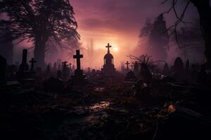 uma assustador cemitério cena surge a partir de a névoa com lápides recortado contra a estranho roxa e cinzento gradiente pano de fundo foto