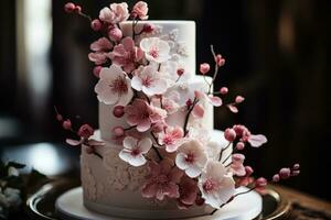 detalhe tiro do uma luxuoso três níveis Casamento bolo com delicado açúcar colar flores foto