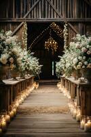 rústico celeiro adornado com pastel flores e fada luzes para íntimo campo Casamento foto