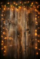 Estilo retrô Natal luzes e guirlandas iluminador uma rústico madeira painel fundo com esvaziar espaço para texto foto