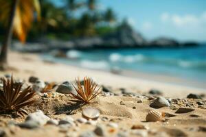 viagem paraíso areia e borrado Palma com de praia bokeh crio verão temático conceito ai gerado foto