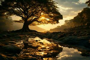 nascer do sol serenidade árvores silhueta agraciado de □ Gentil Sol raios dentro tranquilo alvorecer ai gerado foto