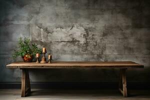 rústico madeira mesa superfície complementado com grunge concreto texturizado parede ai gerado foto