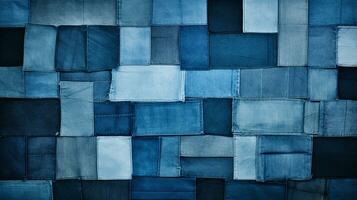 criativo patchwork do jeans texturas dentro vários tons do azul, ideal para centrado na juventude moda anúncios ai generativo foto