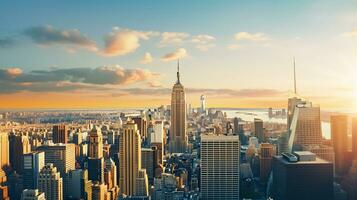 vibrante panorâmico paisagem urbana do Novo Iorque às pôr do sol com icônico arranha-céus e generoso cópia de espaço ai generativo foto