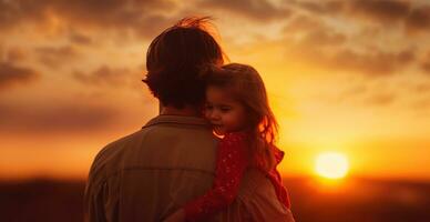 a pai detém a mulheres em dele braços às nascer do sol foto